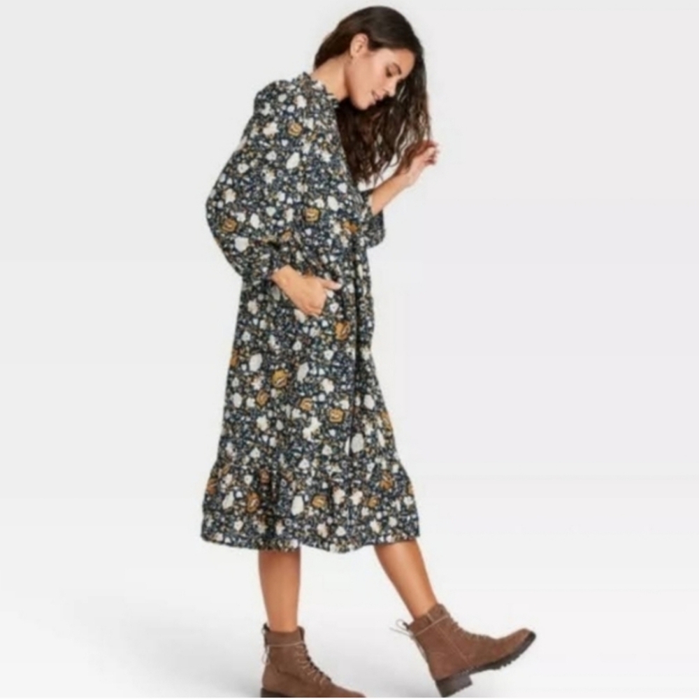 Universal Thread Floral Print Fall Prairie Midi Dress Size Large